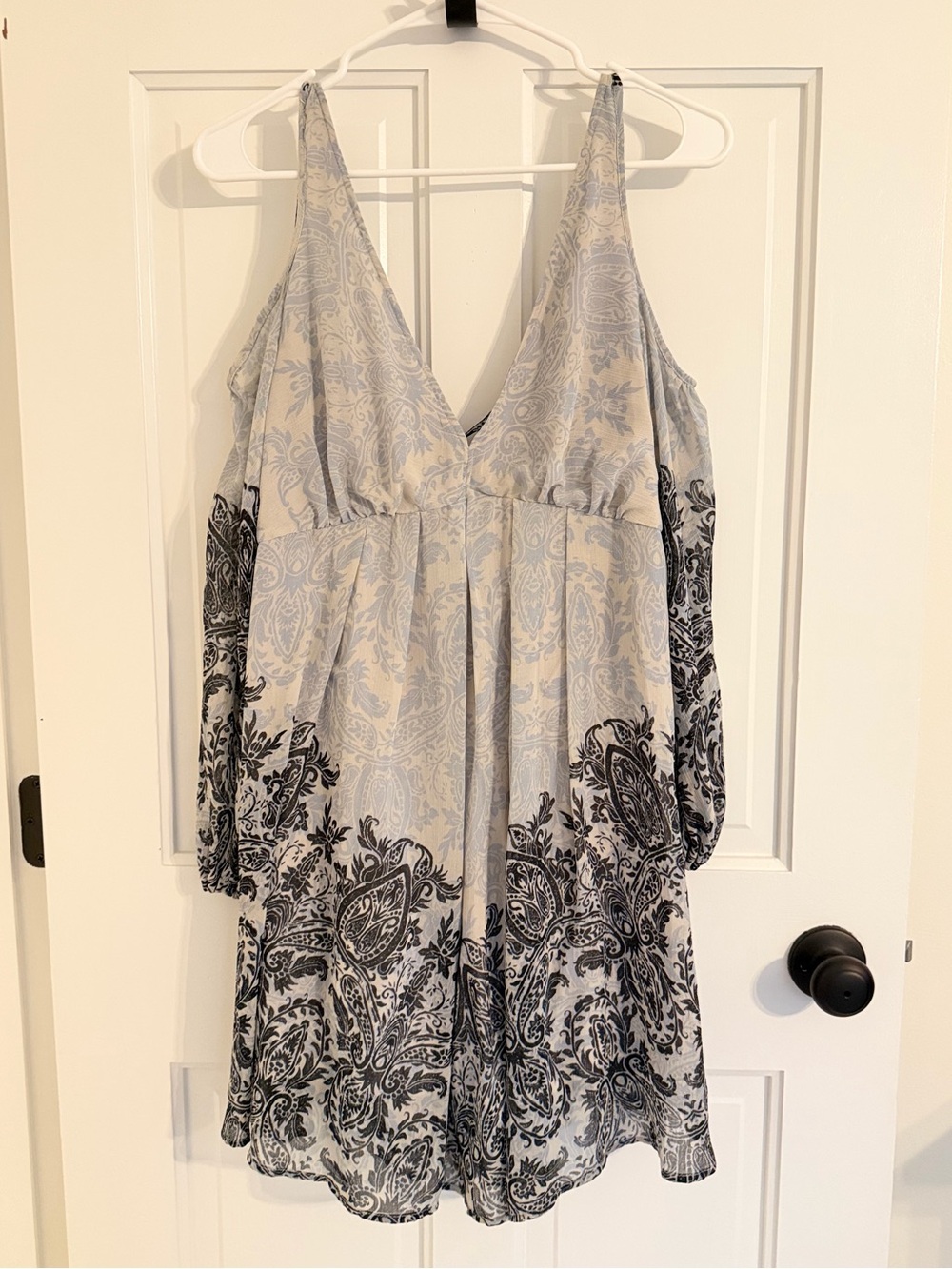 Free People Paisley Cold Shoulder Open Back Mini Dress Blue Gray Large